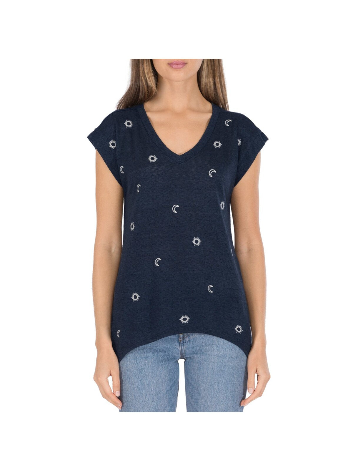 B COLLECTION Womens Navy Embroidered Printed Cap Sleeve V Neck T-Shirt XS