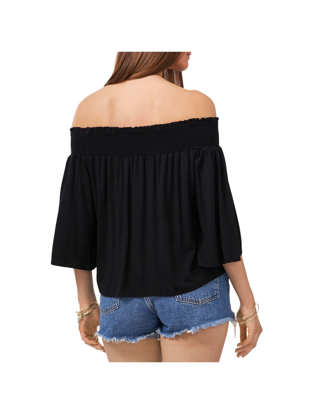 1. STATE Womens Black Stretch Smocked Drapey 3/4 Sleeve Off Shoulder Top S