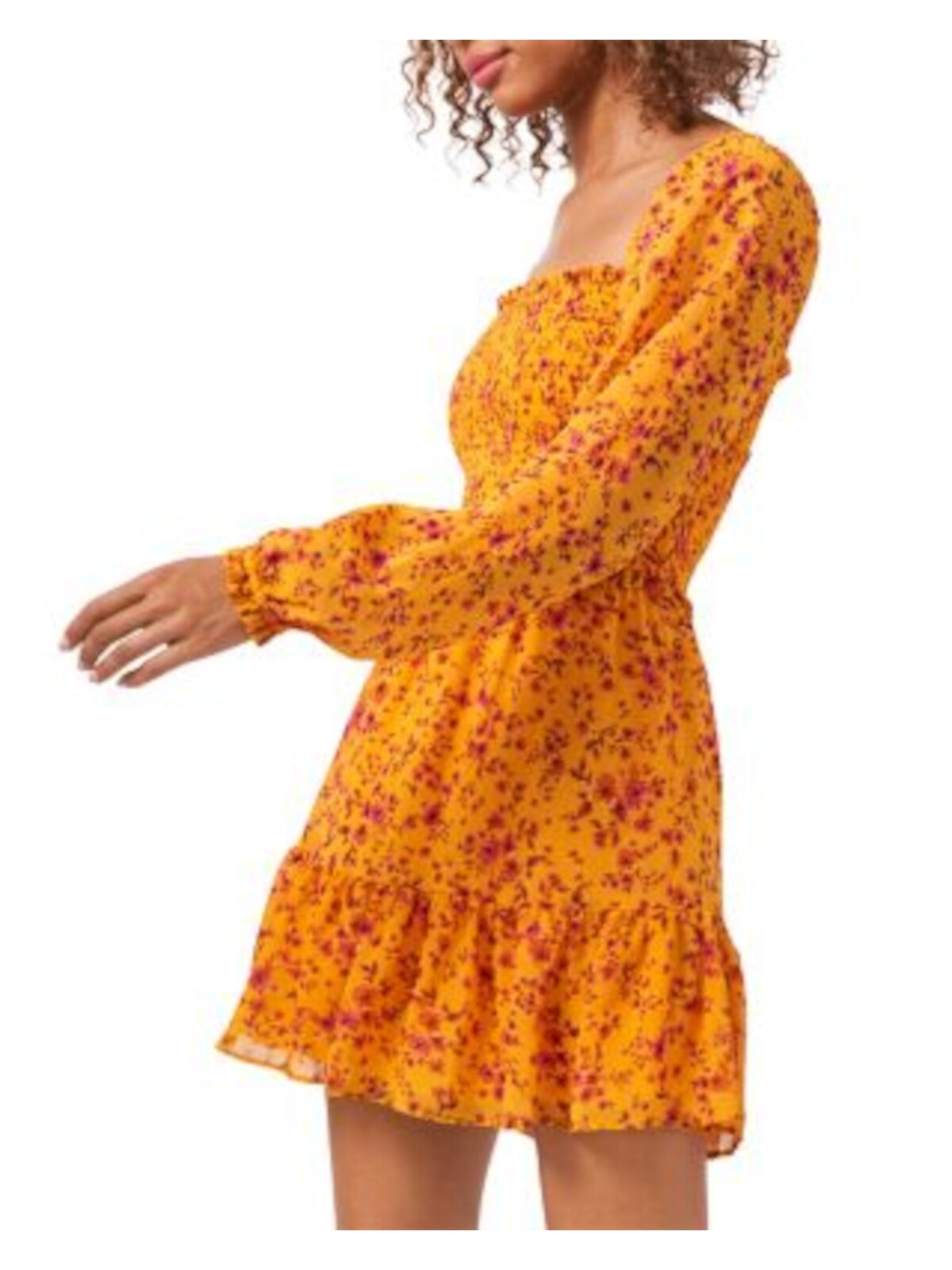 1. STATE Womens Orange Floral Balloon Sleeve Square Neck Short Party Ruffled Dress Juniors XL