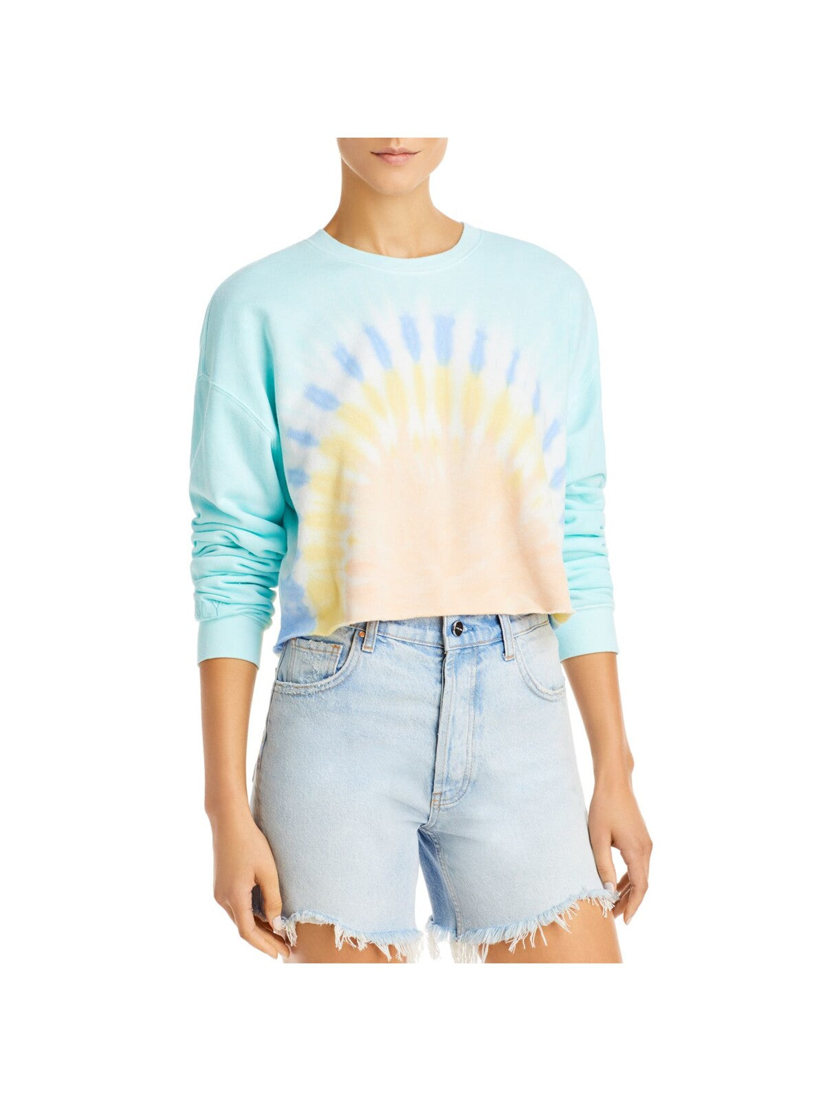WSLY Womens Light Blue Ribbed Embroidered Cropped Tie Dye Long Sleeve Crew Neck Sweatshirt XS