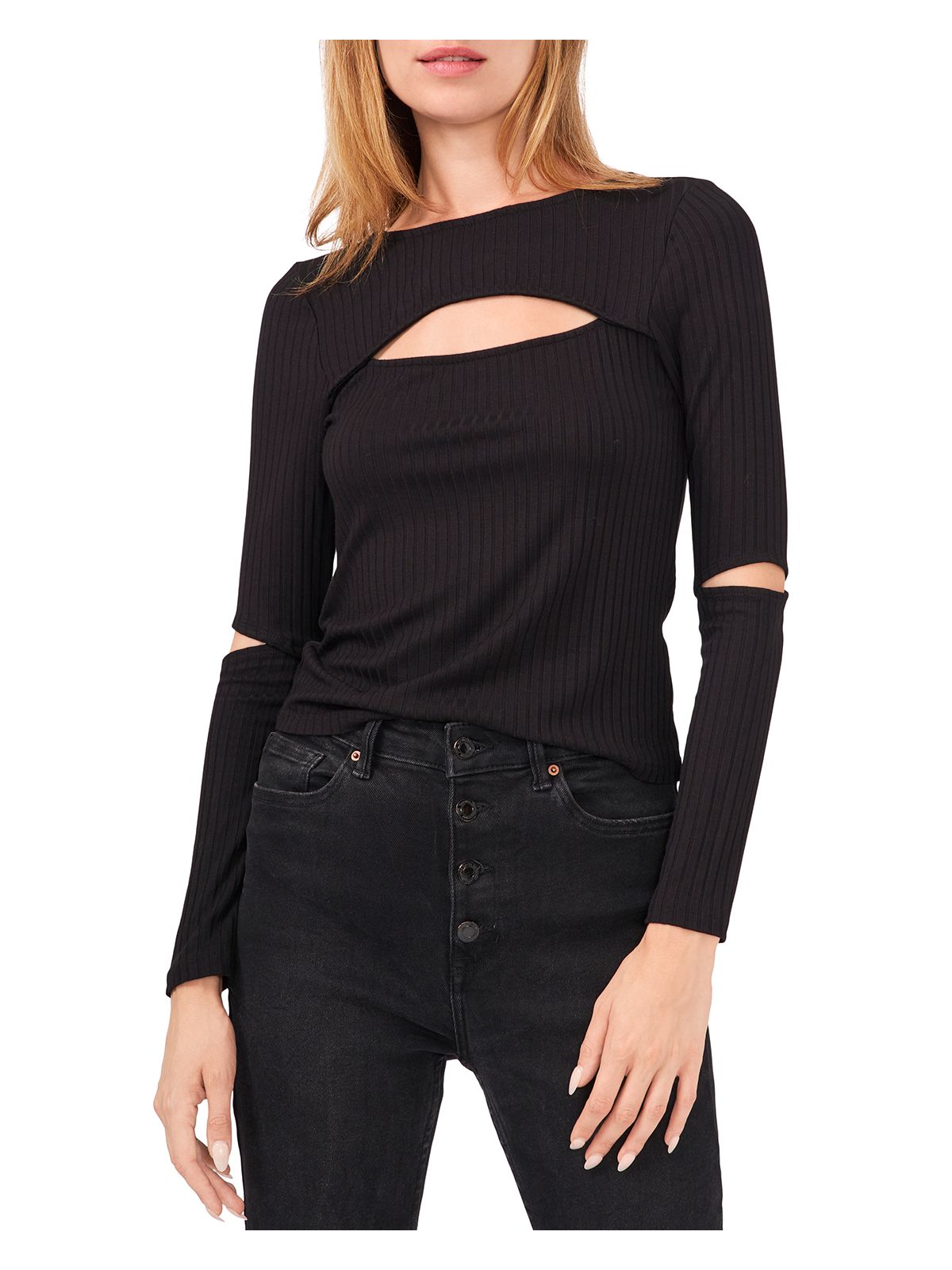 1. STATE Womens Black Stretch Cut Out Knit Long Sleeve Boat Neck Top XXS