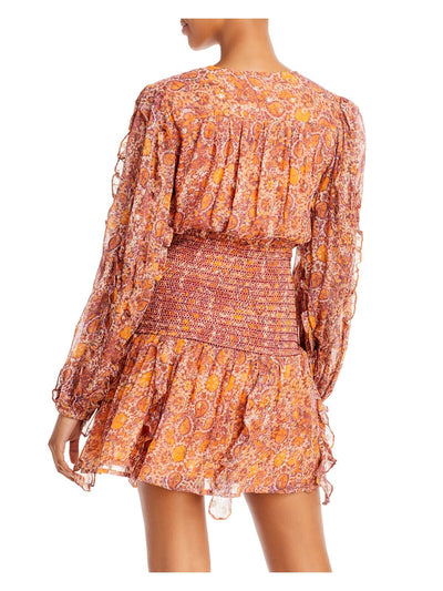 ROCOCO SAND Womens Orange Stretch Smocked Ruffled Metallic Pleated  Sheer Lined Printed Long Sleeve V Neck Mini Evening Sheath Dress L