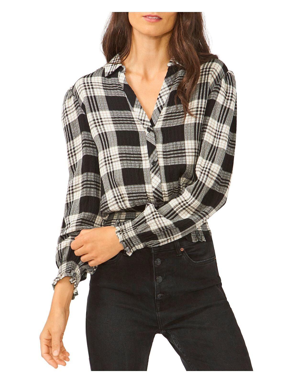 1. STATE Womens Black Smocked Plaid Long Sleeve Collared Button Up Top S