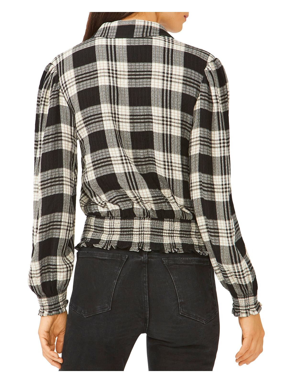 1. STATE Womens Black Smocked Plaid Long Sleeve Collared Button Up Top S