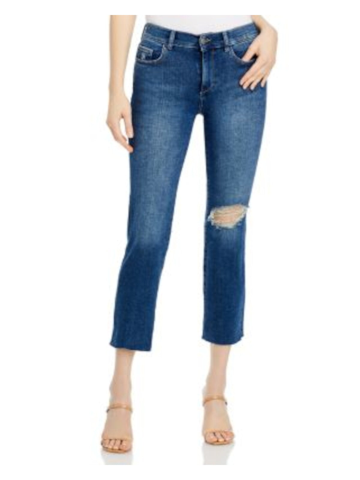 DL1961 Womens Blue Denim Zippered Pocketed Ripped Ankle Mid-Rise Straight leg Jeans Juniors 25