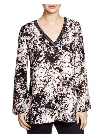 STATUS BY CHENAULT Womens Black Embellished Printed Long Sleeve V Neck Wear To Work Tunic Top S