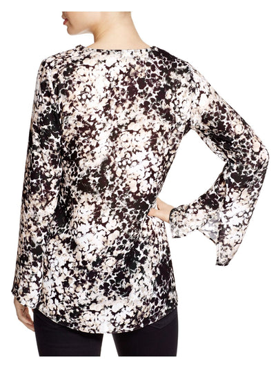 STATUS BY CHENAULT Womens Black Embellished Printed Long Sleeve V Neck Wear To Work Tunic Top S