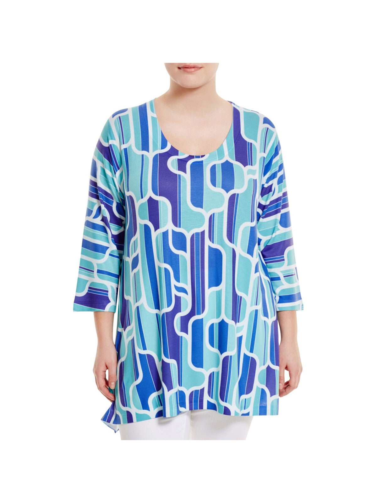 NALLY & MILLIE Womens Blue Stretch Printed 3/4 Sleeve Wear To Work Tunic Top Plus 1X