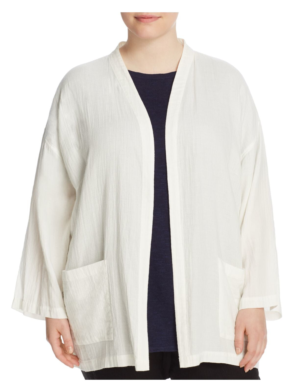 EILEEN FISHER Womens White Pocketed Long Sleeve Open Cardigan Sweater Plus 2X