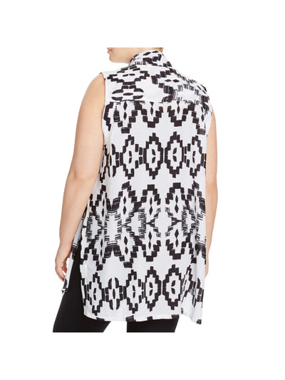 LYSSE Womens White Printed Sleeveless Open Front Top Plus 2X