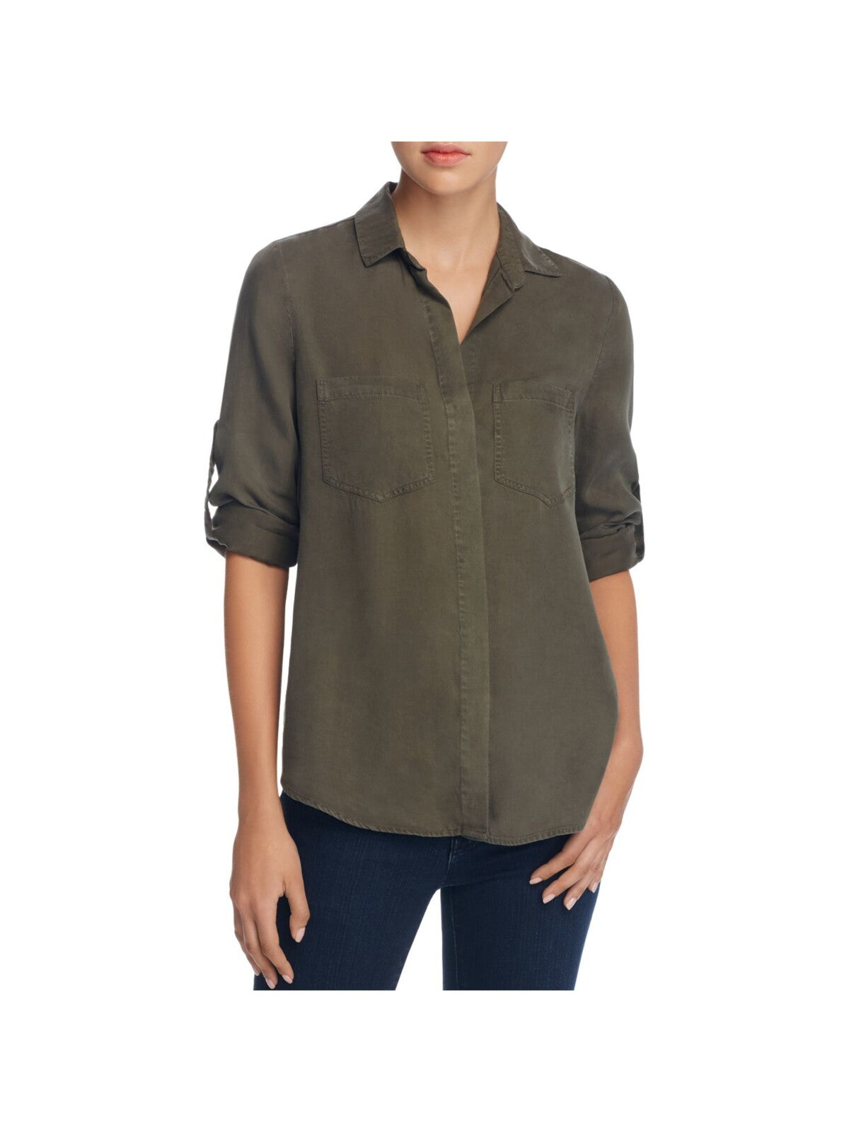 W118 Womens Green Pocketed Roll-tab Sleeve Collared Button Up Top M