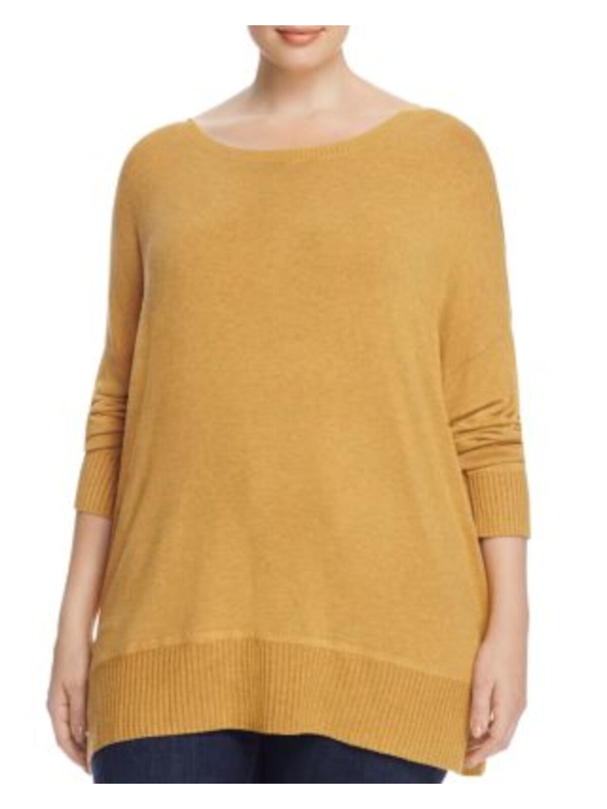 EILEEN FISHER Womens Yellow Stretch Ribbed Drop Shoulder Long Sleeve Jewel Neck Tunic Sweater Plus 2X