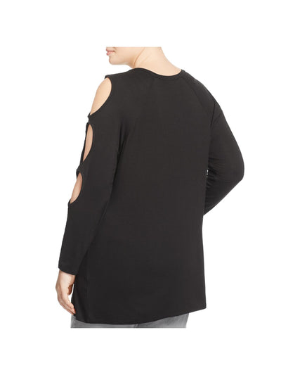 ALISON ANDREWS Womens Black Stretch Cold Shoulder Cut Out Long Sleeve Round Neck Tunic Top Plus 2XL