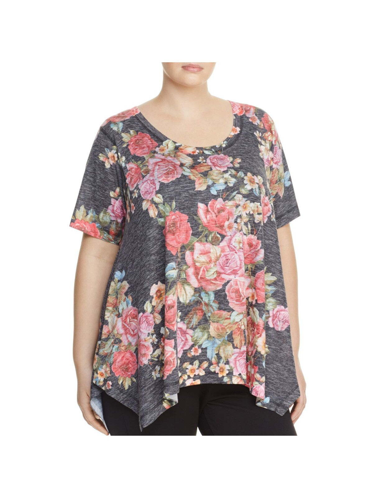 NALLY & MILLIE Womens Gray Floral Short Sleeve Scoop Neck Tunic Top Plus 2X