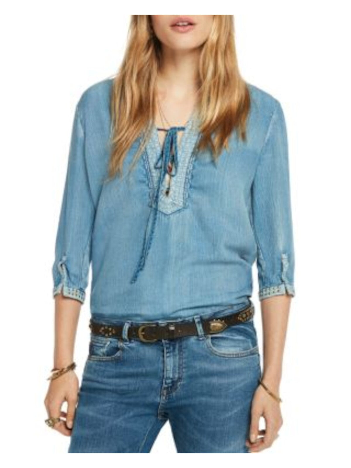 SCOTCH & SODA Womens Blue Denim Embellished Pleated Tie Front Cuffed Sleeve V Neck Wear To Work Hi-Lo Top S