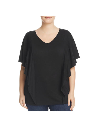 FOXCROFT Womens Black Ruffled Flutter Sleeve V Neck Wear To Work T-Shirt Plus 2X