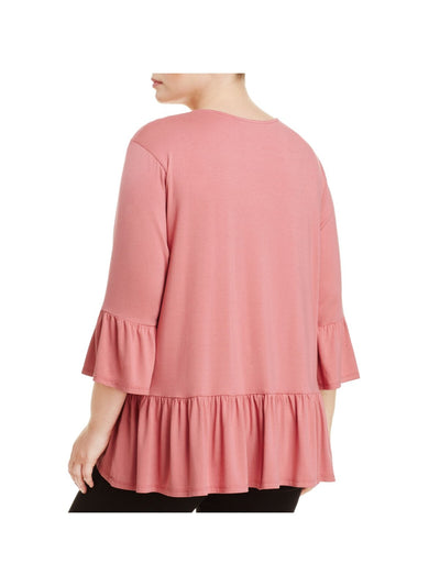 ALISON ANDREWS Womens Pink Stretch Ruffled Bell Sleeve Round Neck Wear To Work Peplum Top Plus 3X