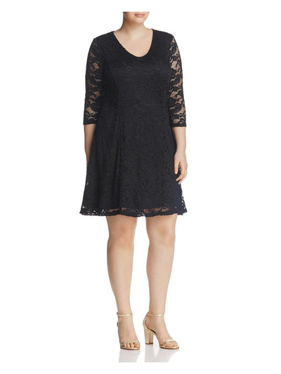JUNAROSE Womens Black Stretch Lace Scalloped Floral 3/4 Sleeve V Neck Above The Knee Evening Shift Dress Plus 1X