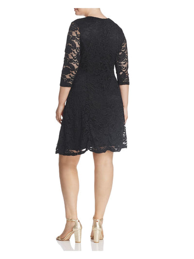 JUNAROSE Womens Black Stretch Lace Scalloped Floral 3/4 Sleeve V Neck Above The Knee Evening Shift Dress Plus 1X