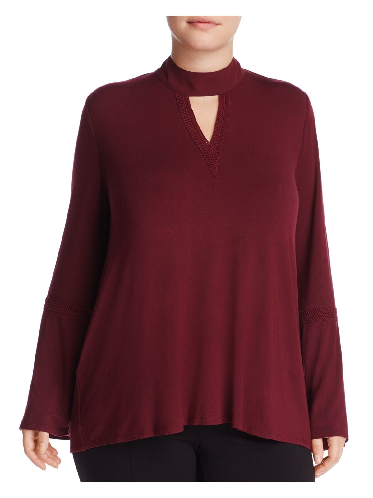 LYSSE Womens Burgundy Stretch Cut Out Tie Bell Sleeve Mock Neck Top Plus 2X