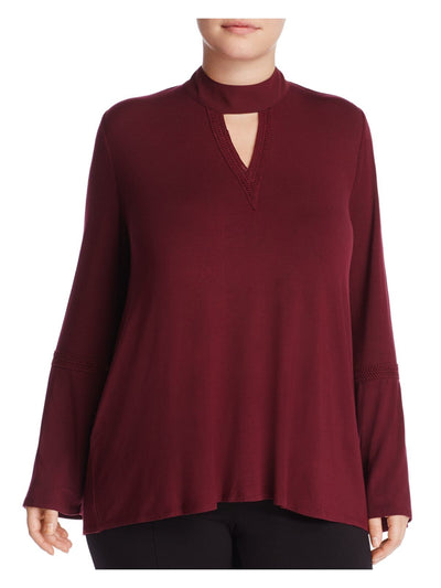LYSSE Womens Burgundy Stretch Cut Out Tie Bell Sleeve Mock Neck Top Plus 2X