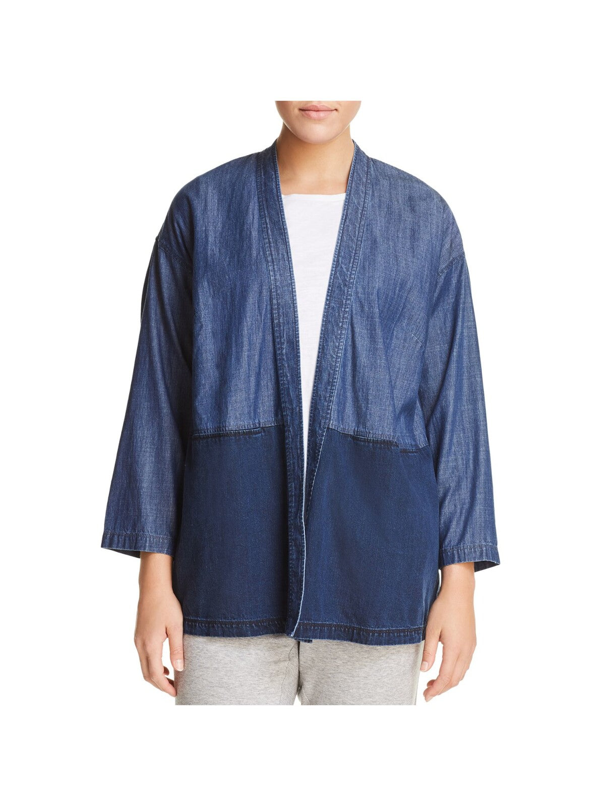 EILEEN FISHER Womens Navy Pocketed Kimono Jacket Color Block Long Sleeve Jacket Plus 1X