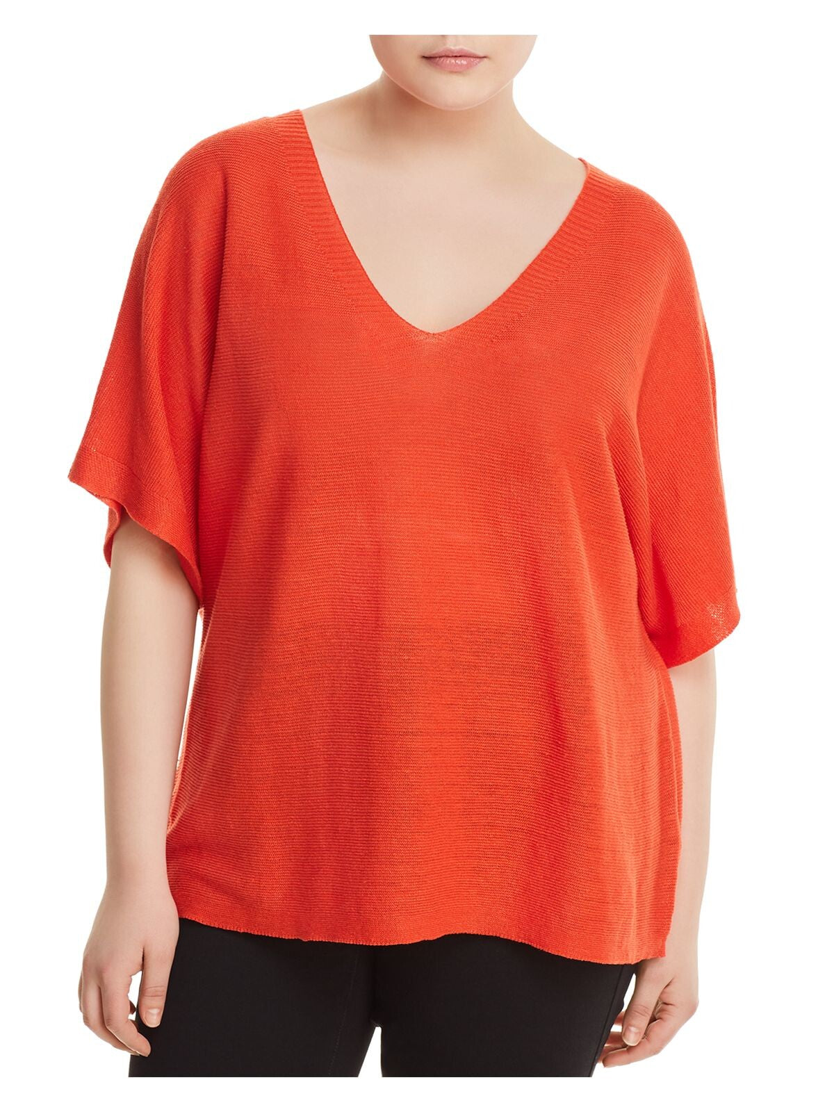 EILEEN FISHER Womens Orange Ribbed Low Cut Short Sleeve V Neck Sweater Plus 2X