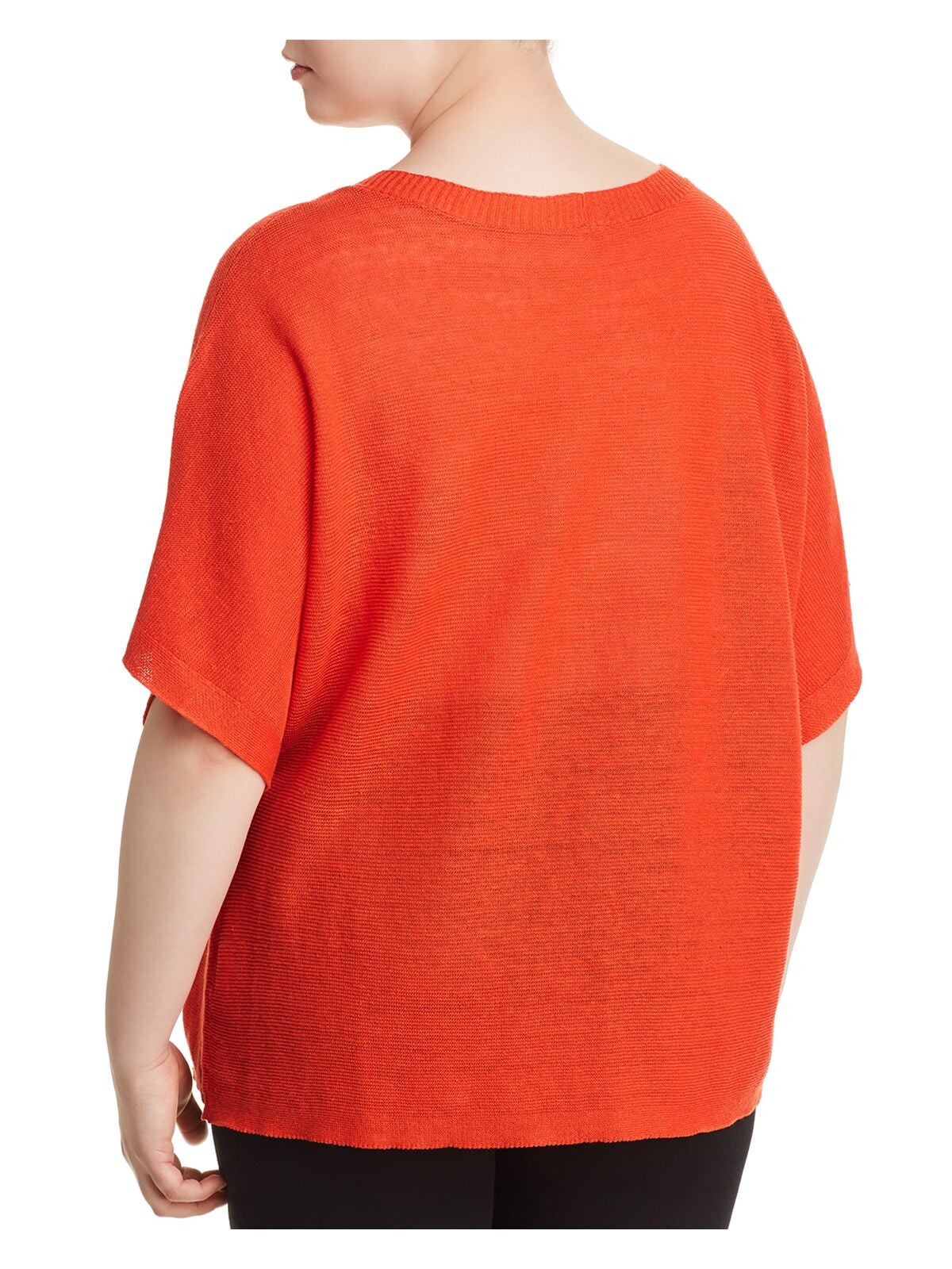 EILEEN FISHER Womens Orange Ribbed Low Cut Short Sleeve V Neck Sweater Plus 2X