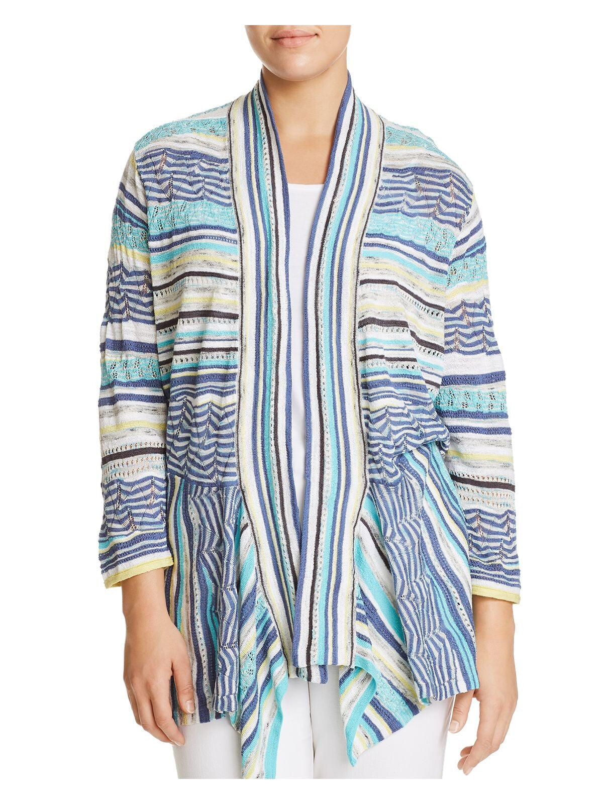 NIC+ZOE Womens Blue Knit Pocketed Stretch Lightweight Striped Open Cardigan Sweater Plus 3X