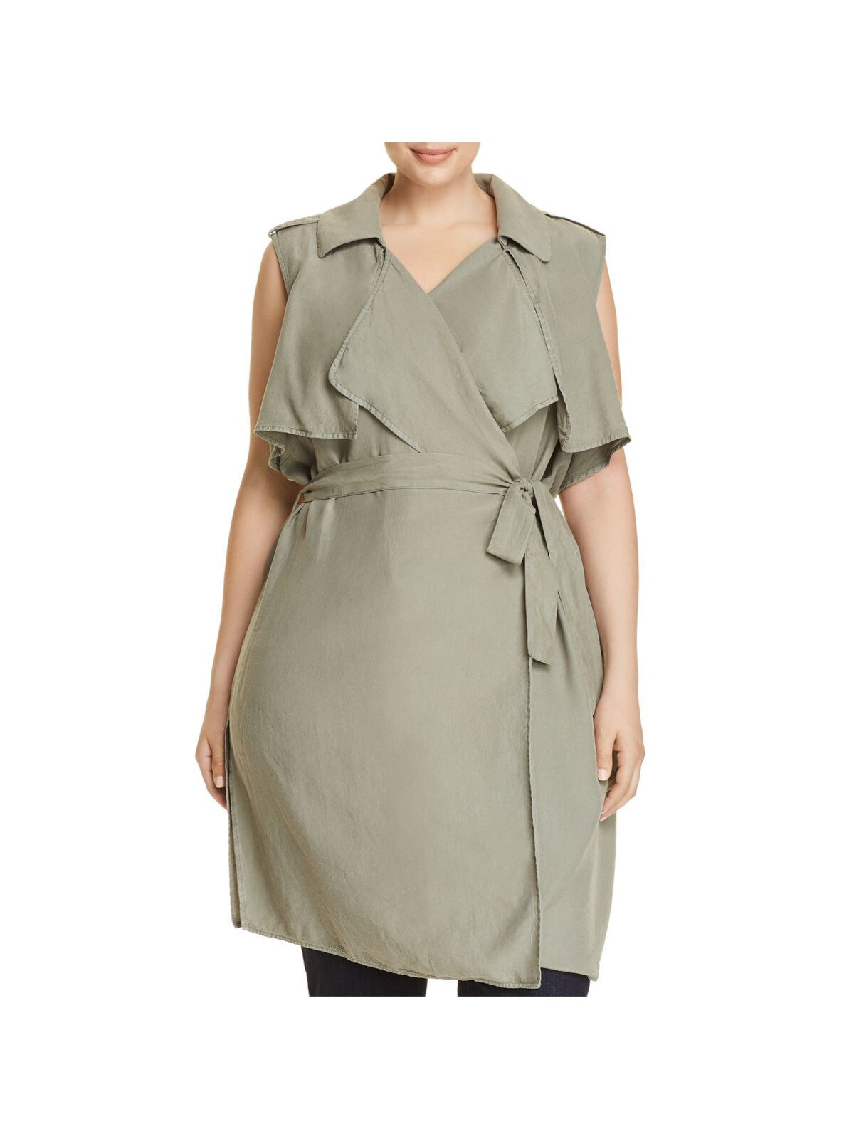 BAGATELLE Womens Green Pocketed Belted Trench Collared Top Plus 1X