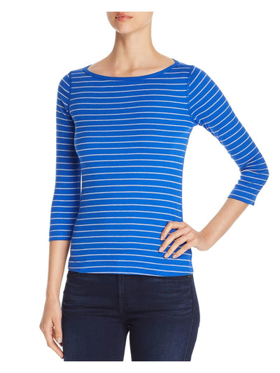 THREE DOTS Womens Blue Striped 3/4 Sleeve Boat Neck Top XS