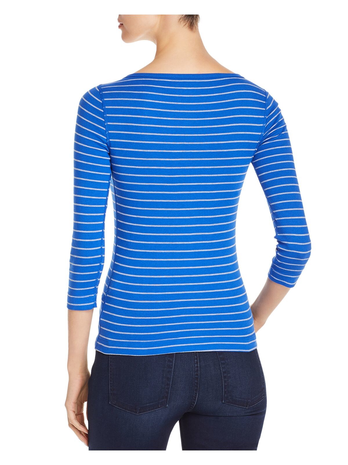 THREE DOTS Womens Blue Striped 3/4 Sleeve Boat Neck Top XS