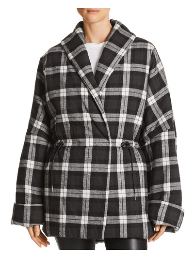 DIVINE HERITAGE Womens Black Drawtring Waist Kimono Plaid Puffer Winter Jacket Coat S