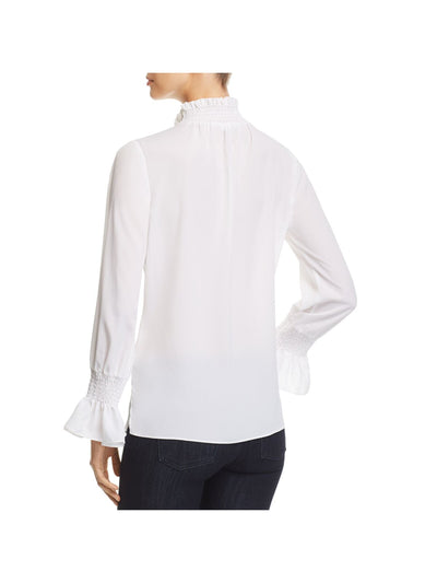 LE GALI Womens White Stretch Smocked Ruffled Long Sleeve Mock Neck Wear To Work Blouse XS