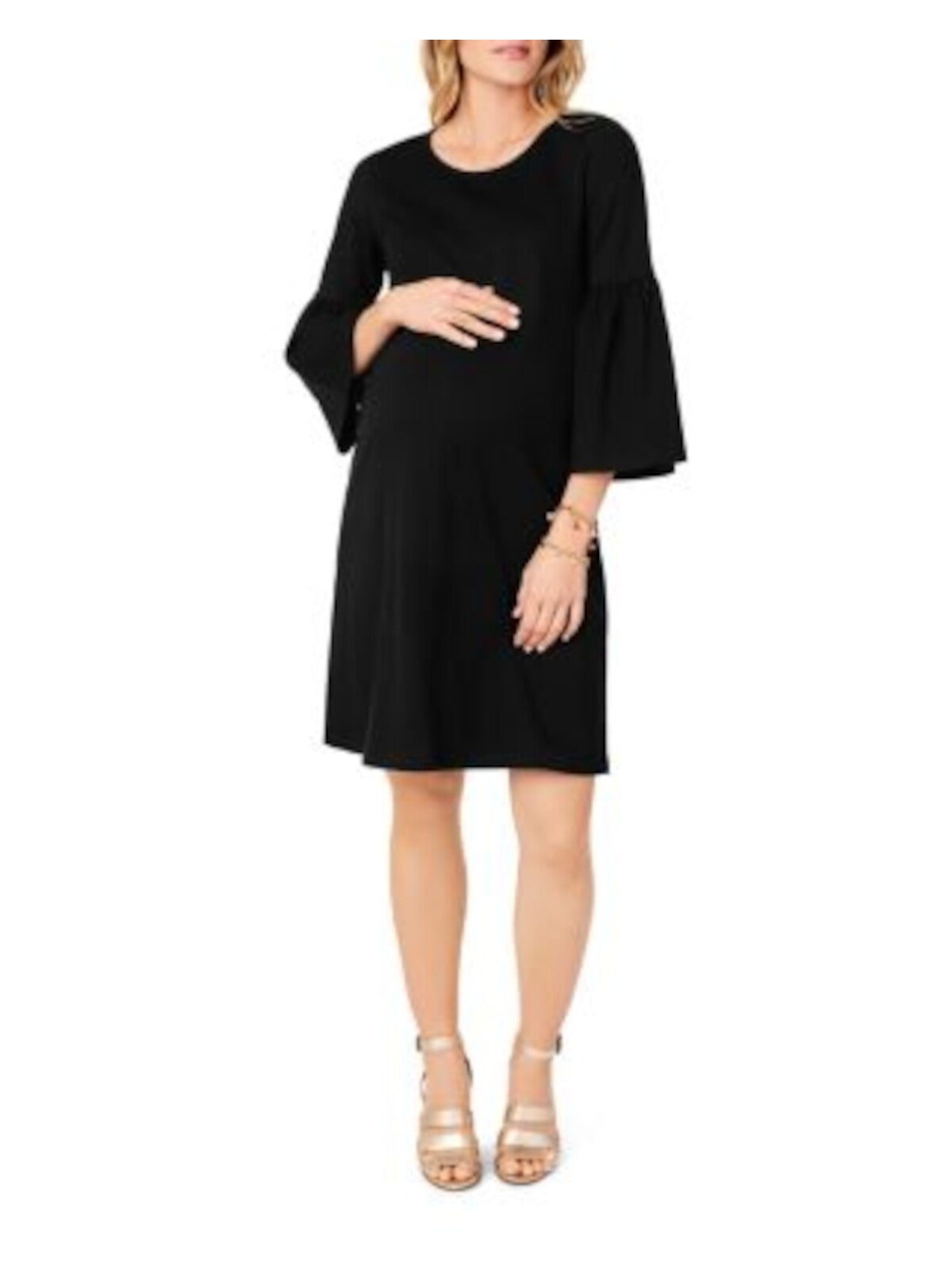 INGRID & ISABEL Womens Black Knit Darted Bell Sleeve Jewel Neck Above The Knee Shift Dress Maternity XL