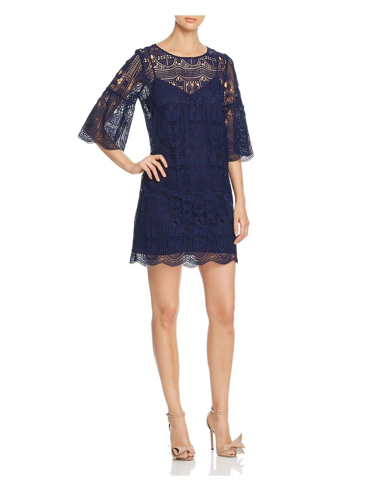 LE GALI Womens Navy Nylon Lace Bell Sleeve Jewel Neck Mini Evening Dress L