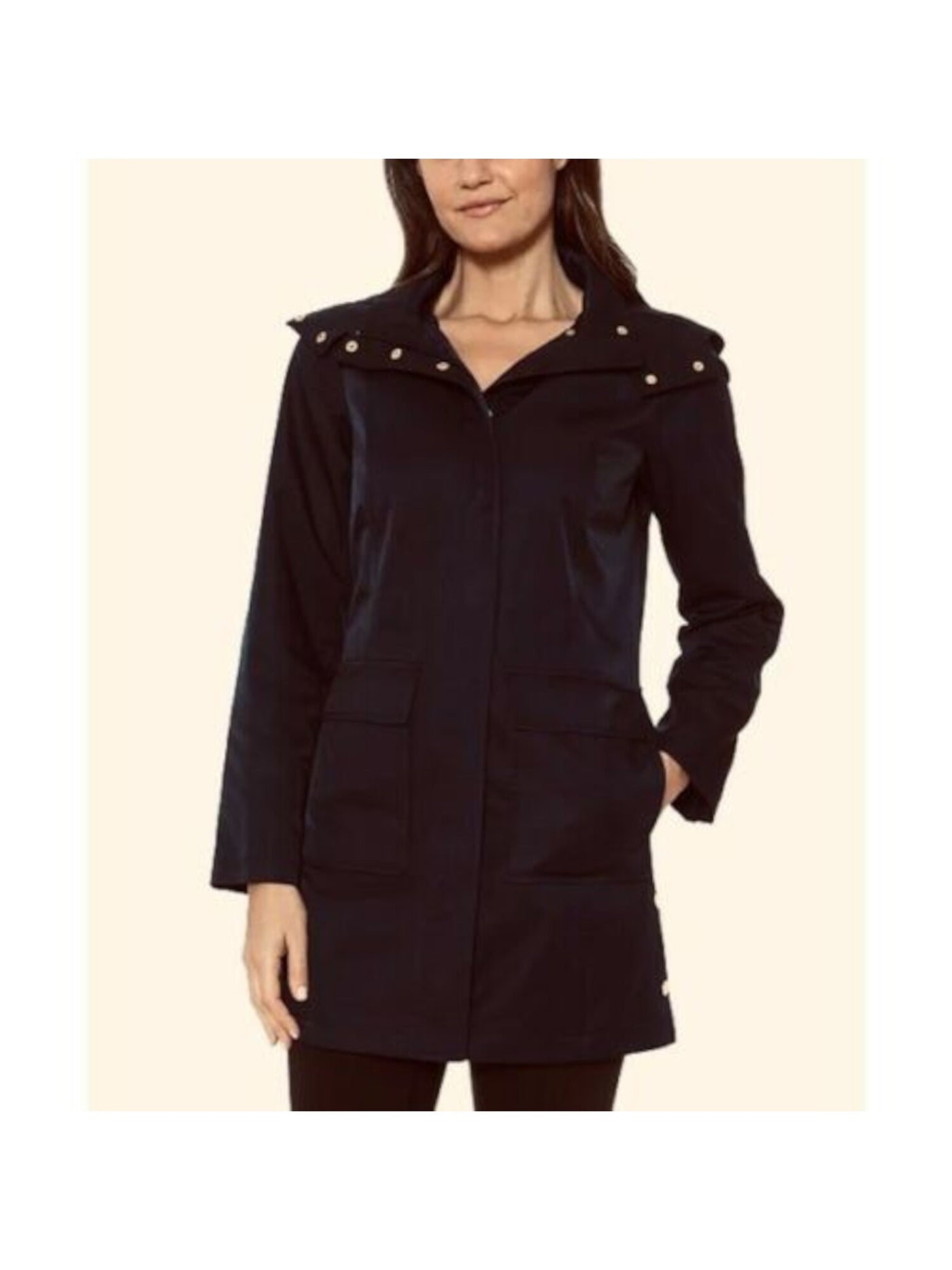 JONES NY Womens Black Hooded Snap-collar Raincoat L