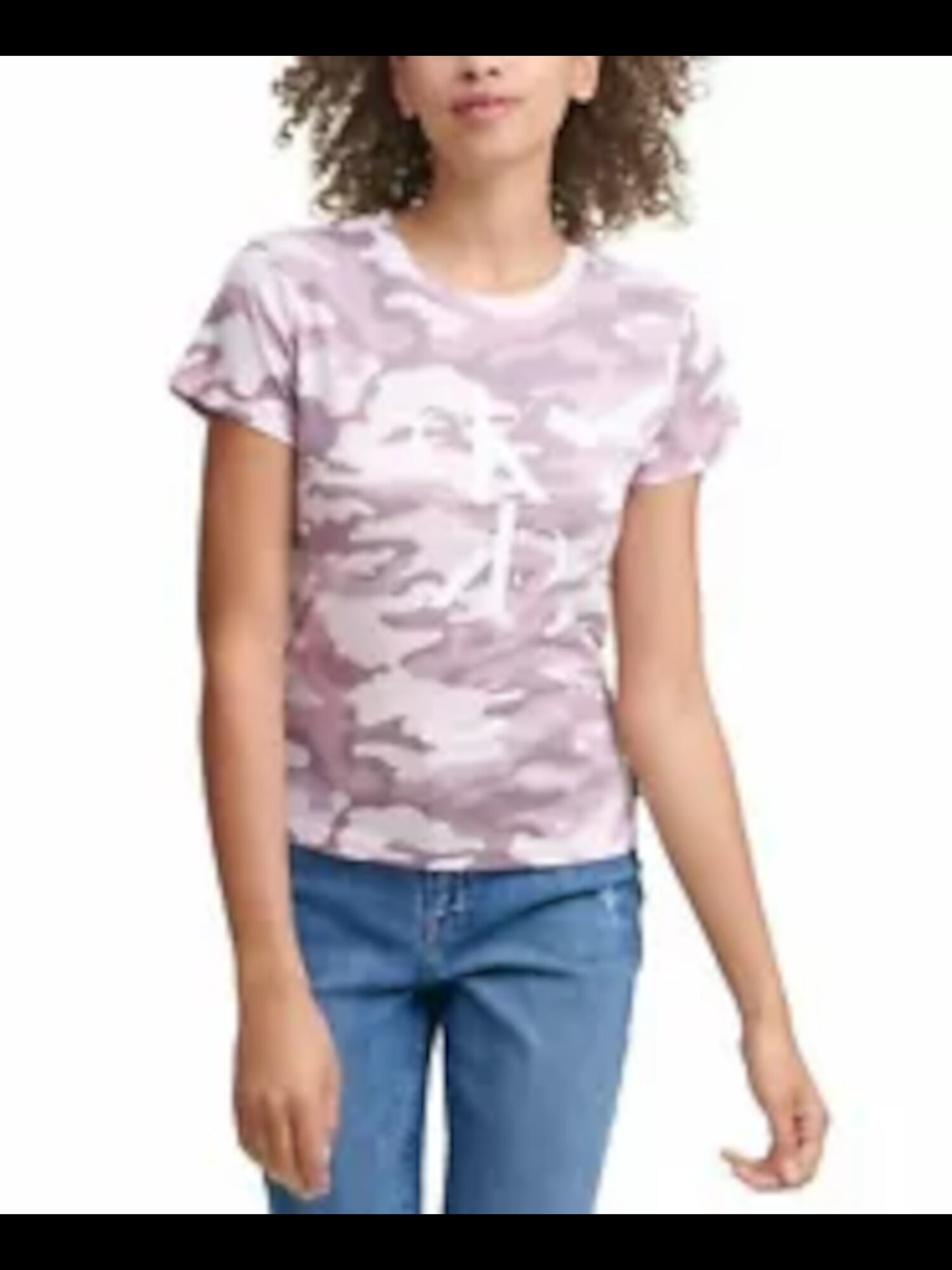 CALVIN KLEIN Womens Purple Lace Zippered Camouflage Short Sleeve Crew Neck Top S\P
