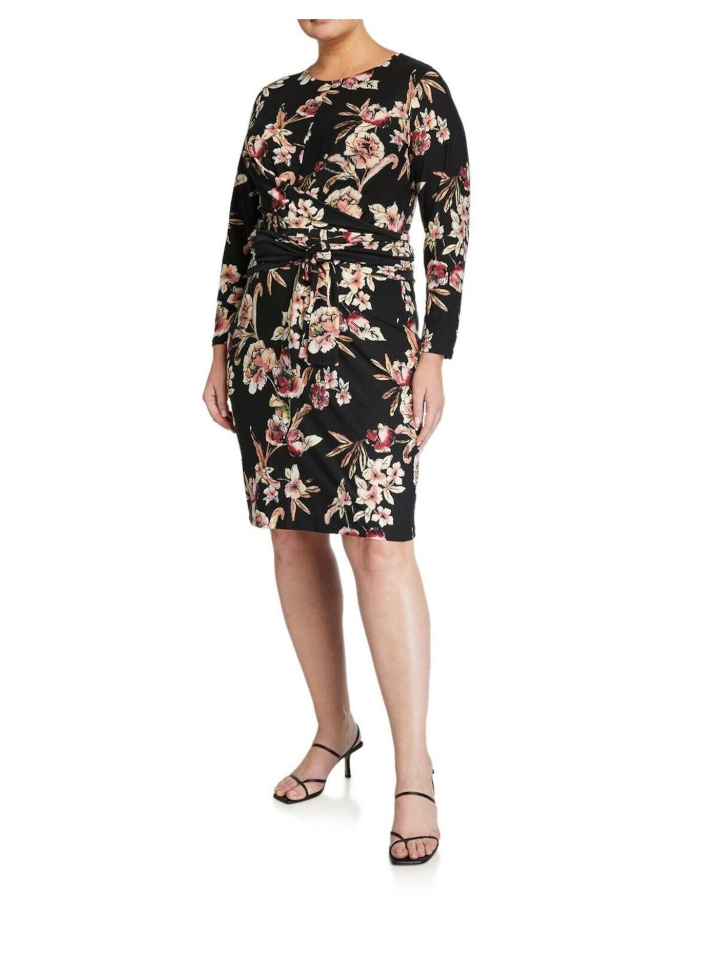 RACHEL RACHEL ROY Womens Black Belted Floral Long Sleeve Jewel Neck Knee Length Fit + Flare Dress Plus 1X