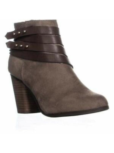 MATERIAL GIRL Womens Gray Strappy Studded Mini Round Toe Block Heel Zip-Up Booties 6 M