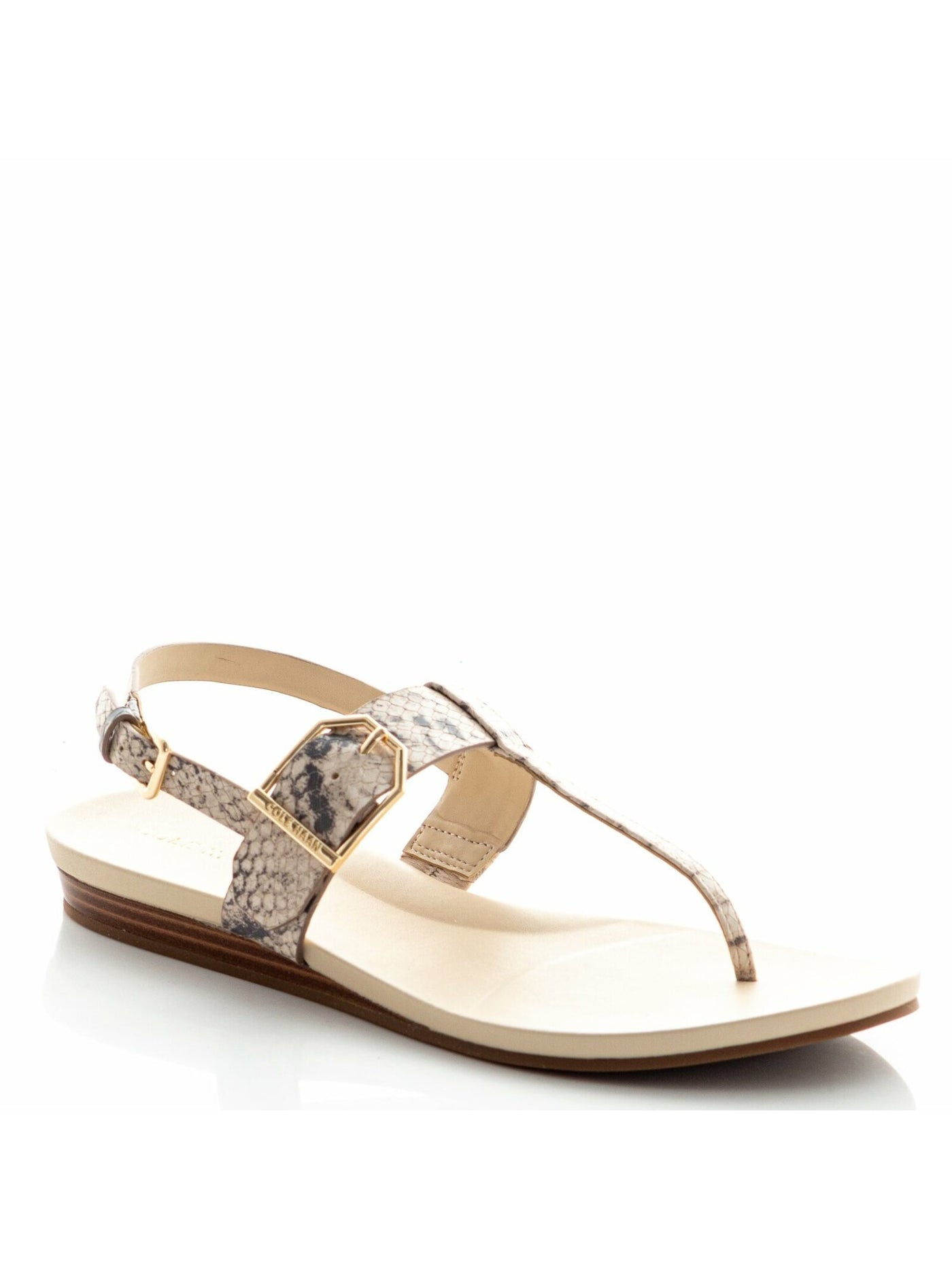 COLE HAAN Womens Beige Snakeskin Slip-Resistant T-Strap Breathable Buckle Accent Cushioned Francine Round Toe Wedge Buckle Leather Slingback Sandal 8 B