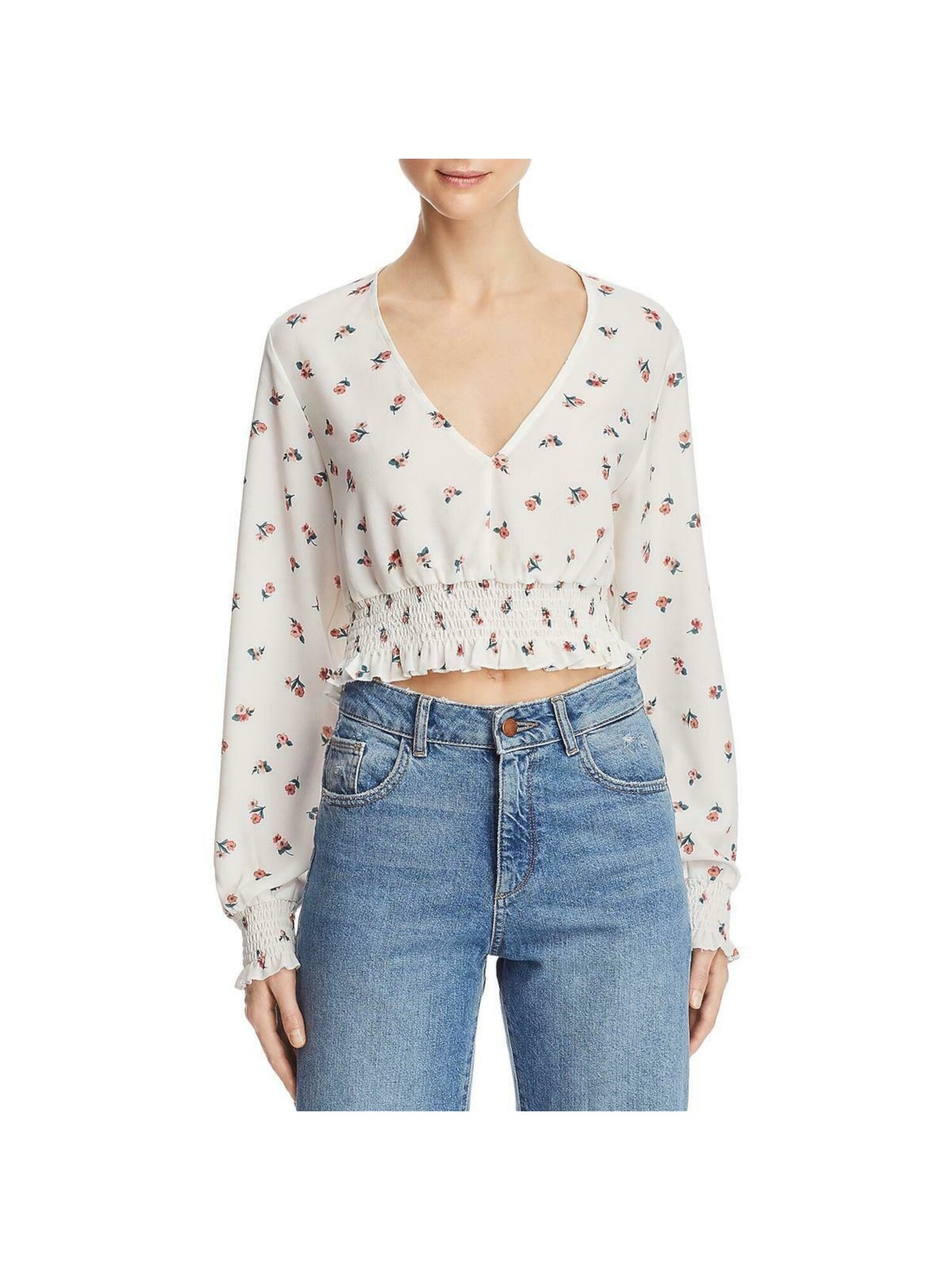 Fashion Union Womens White Floral Long Sleeve V Neck Crop Top Size: L