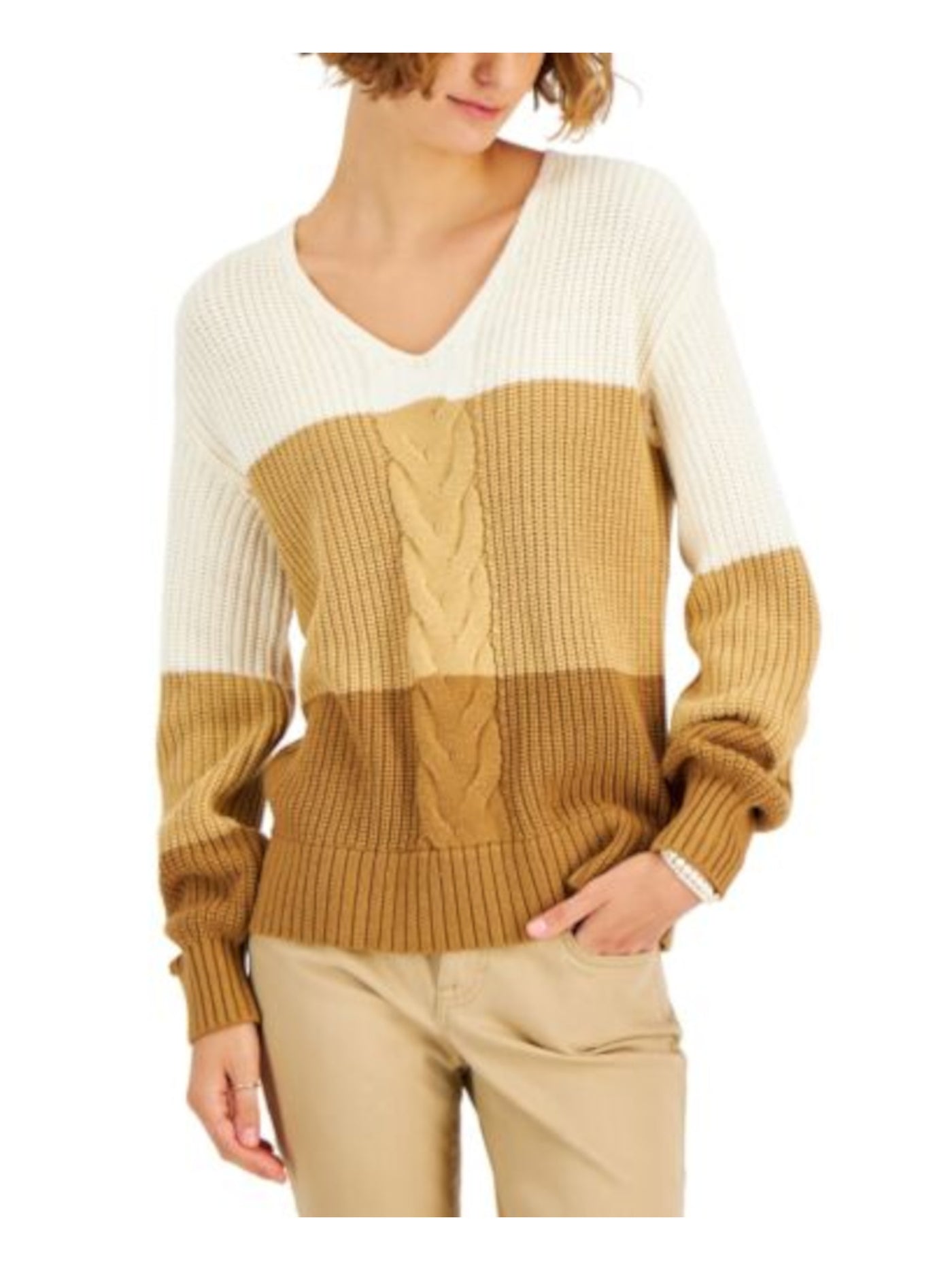 STYLE & COMPANY Womens Beige Ribbed Cable Knit Front Color Block Long Sleeve V Neck Wear To Work Sweater Plus 0X