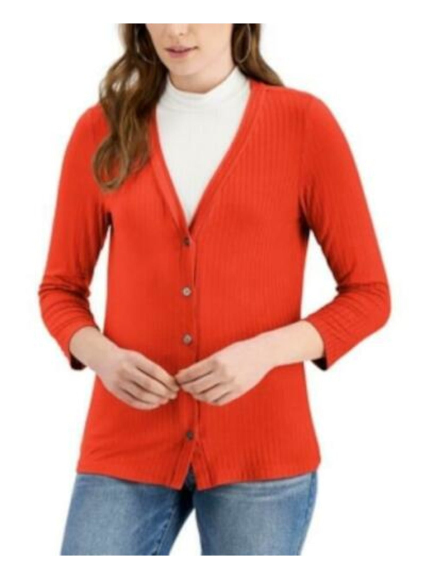 FEVER Womens Orange Ribbed Knit 3/4 Sleeve V Neck Button Up Top XS