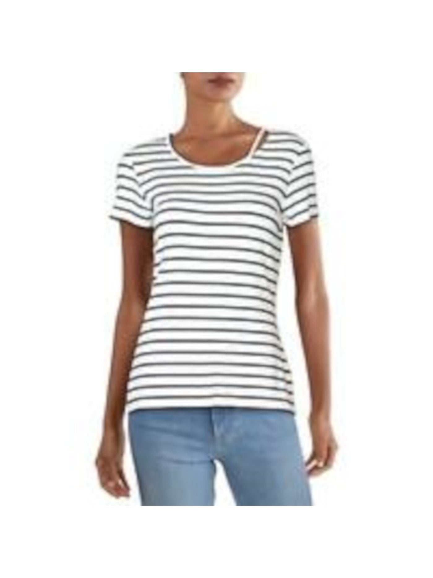 BAILEY44 Womens White Stretch Cut Out Along Neckline Striped Short Sleeve Scoop Neck T-Shirt S
