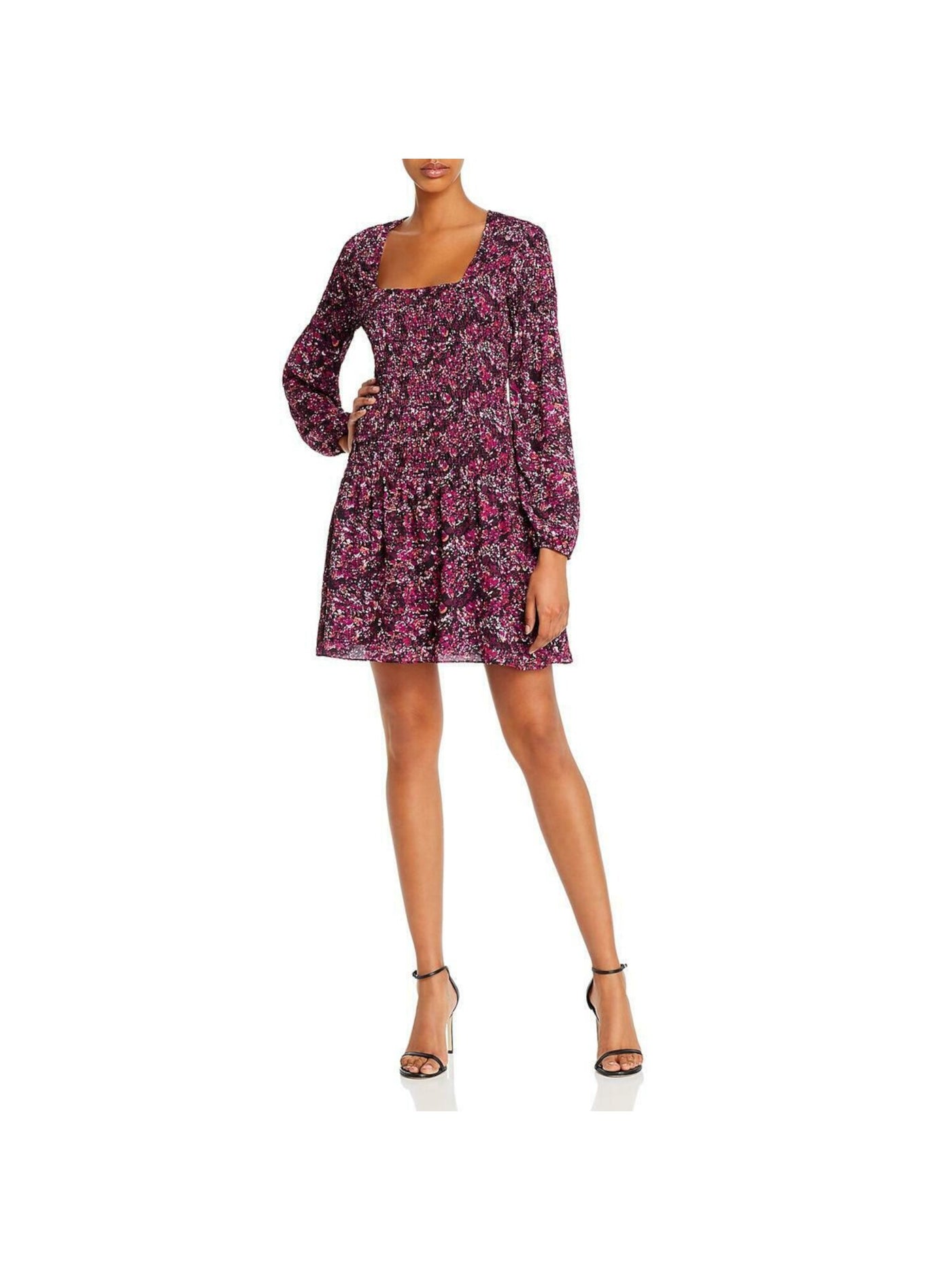 PARKER Womens Purple Floral Long Sleeve Square Neck Short Fit + Flare Dress XS