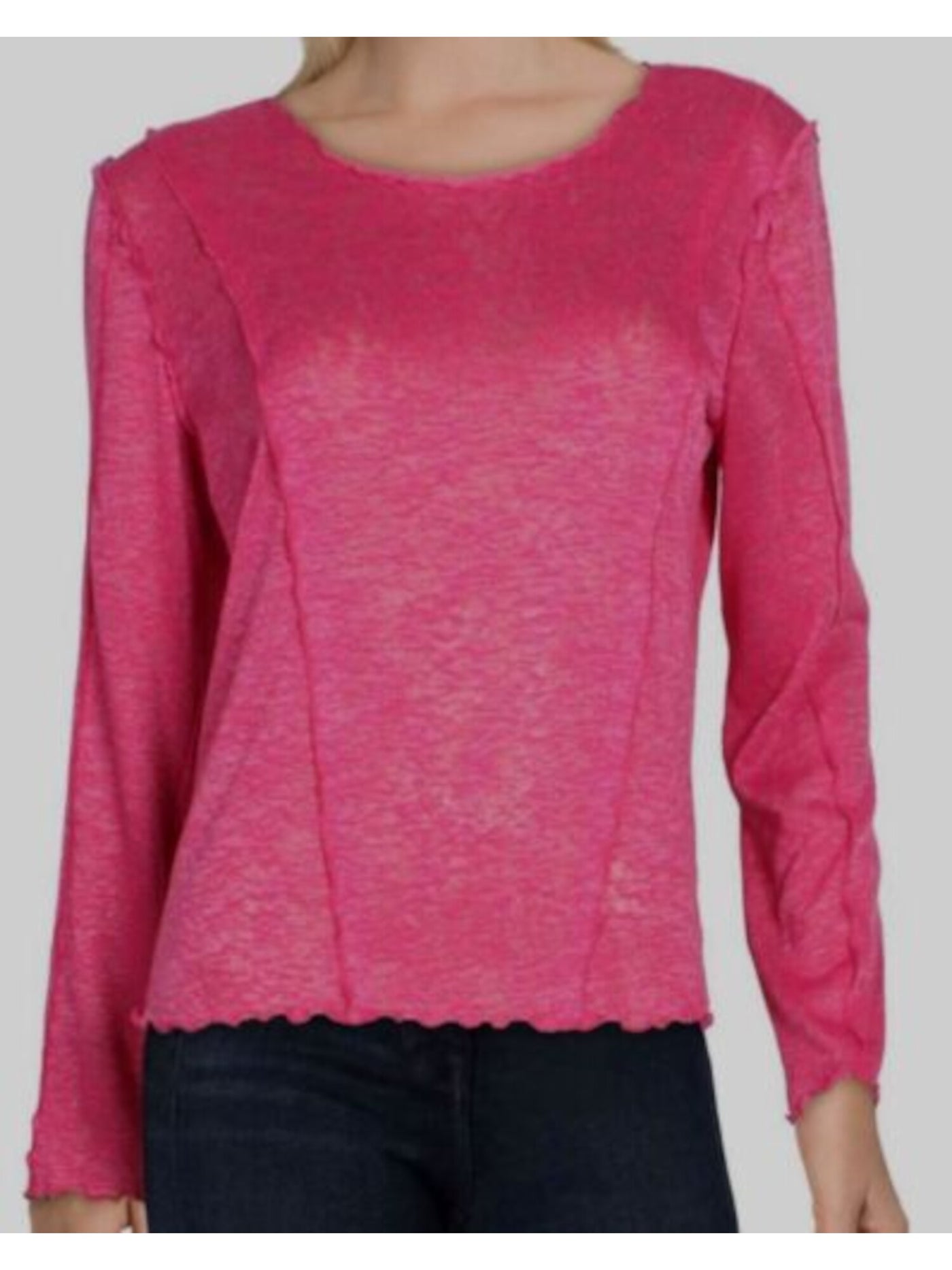 B NEW YORK Womens Pink Stretch Scalloped Seam Detail Heather Long Sleeve Round Neck Top M