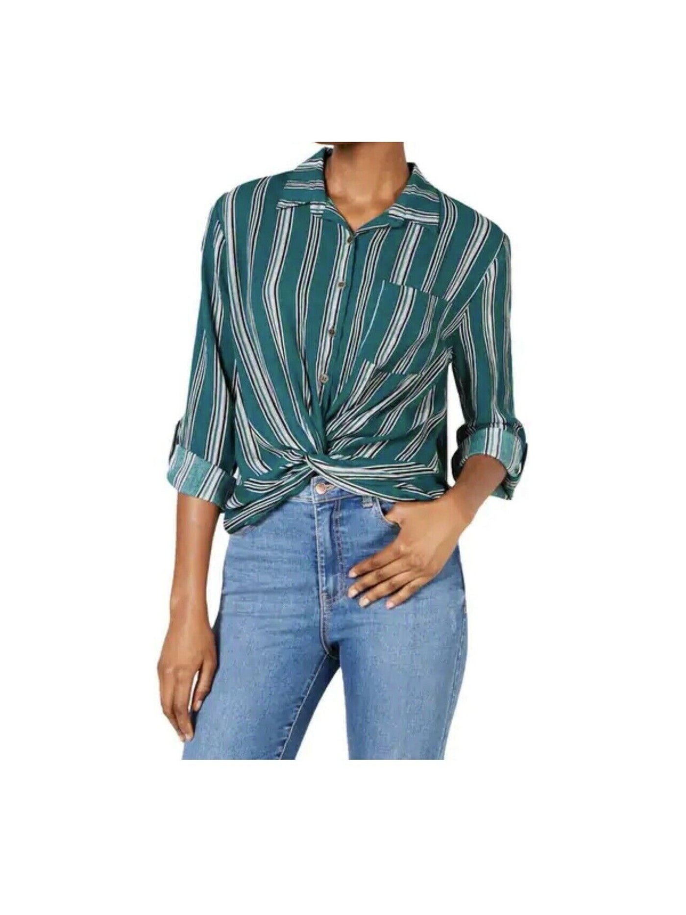 SELF E Womens Green Pocketed Twist-front Striped Roll-tab Sleeve Collared Button Up Top Juniors L