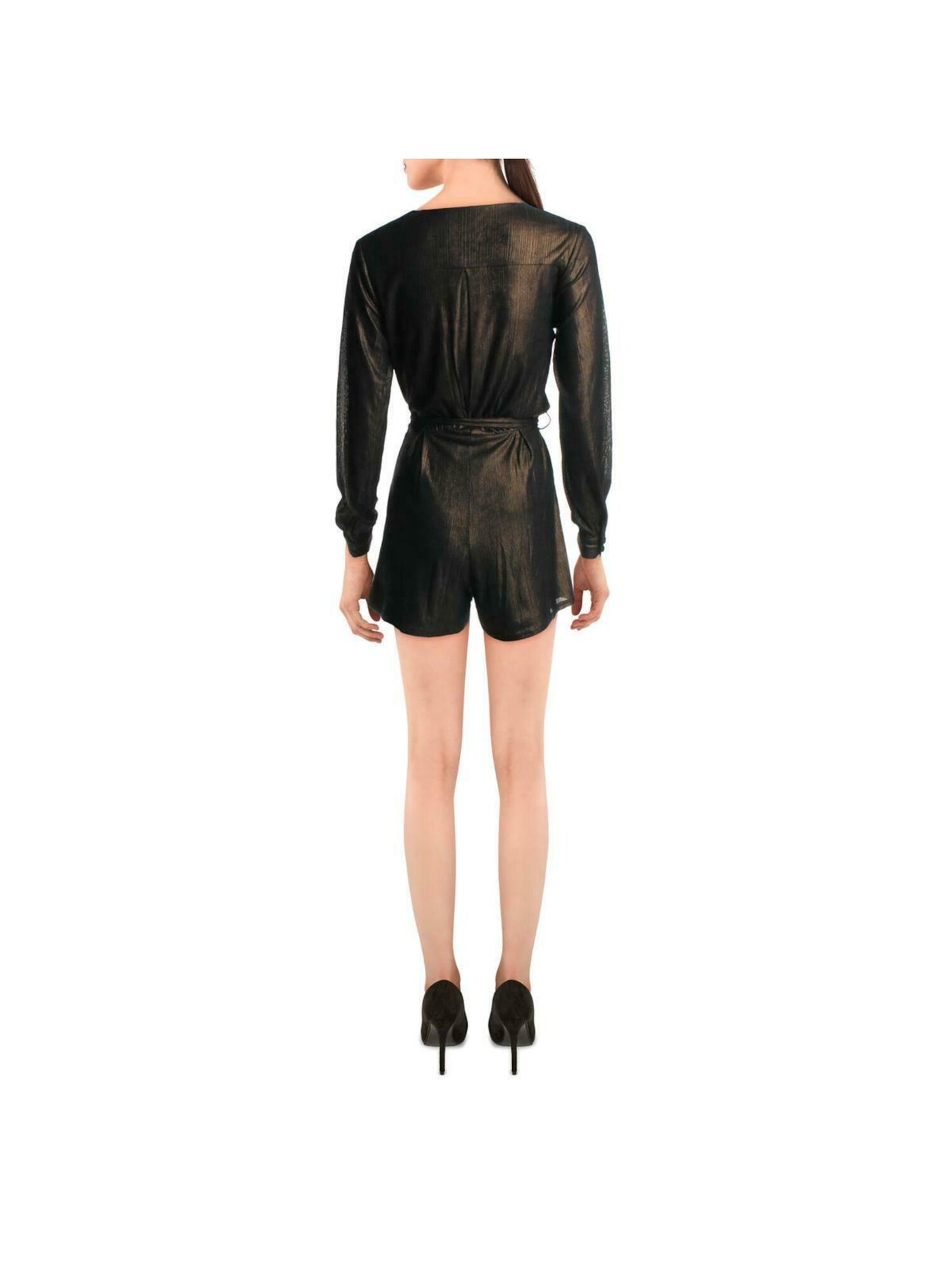 ALI + JAY Womens Gold Textured Belted Long Sleeve V Neck Party Romper Size: S