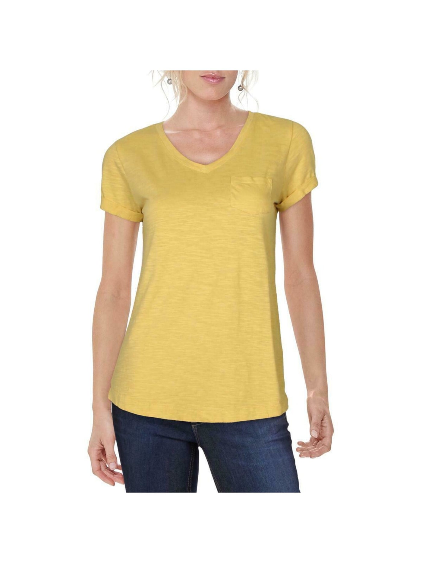 STYLE & COMPANY Womens Gold Pocket V Neck T-Shirt Plus PXL